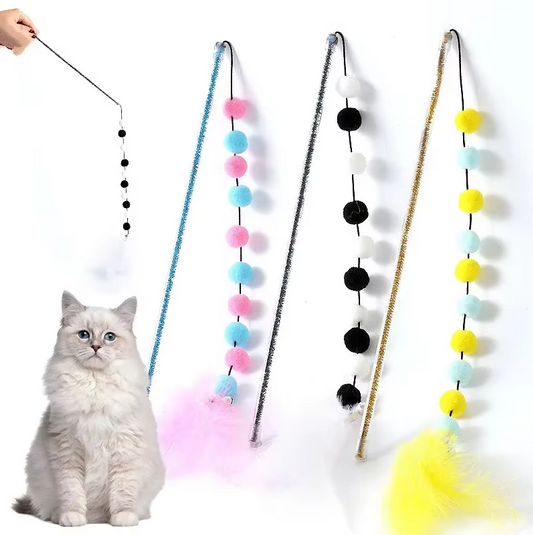 Interactive Cat Fishing Rod With Pom - Pom Feathers - Fun For Curious Cats