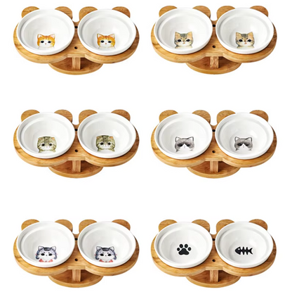 Raised Food Bowl For Cats - Double Ceramic Bowl With Bamboo Stand