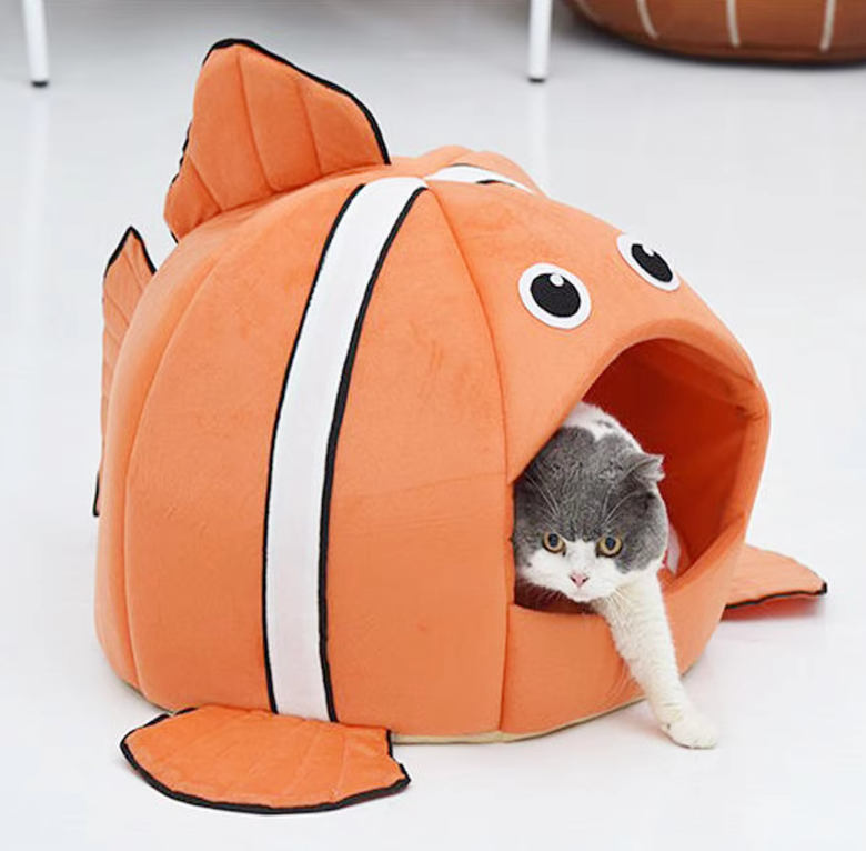 Cuddly Cave For Cats In Fish Design - Soft Cat Bed For Comfortable Rest