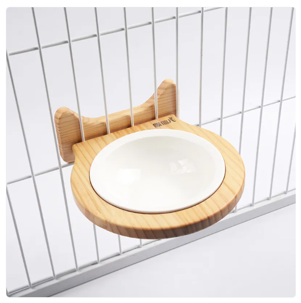 Hanging Food Bowl For Cats - Wall Mount With Wooden Frame In Cloud Design