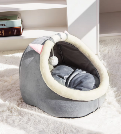 Cuddly Cat Bed Cave - Soft Igloo  With Ears Play Ball