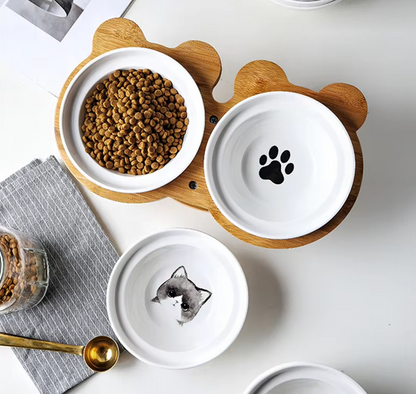 Raised Food Bowl For Cats - Double Ceramic Bowl With Bamboo Stand