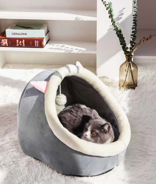 Cuddly Cat Bed Cave - Soft Igloo  With Ears Play Ball