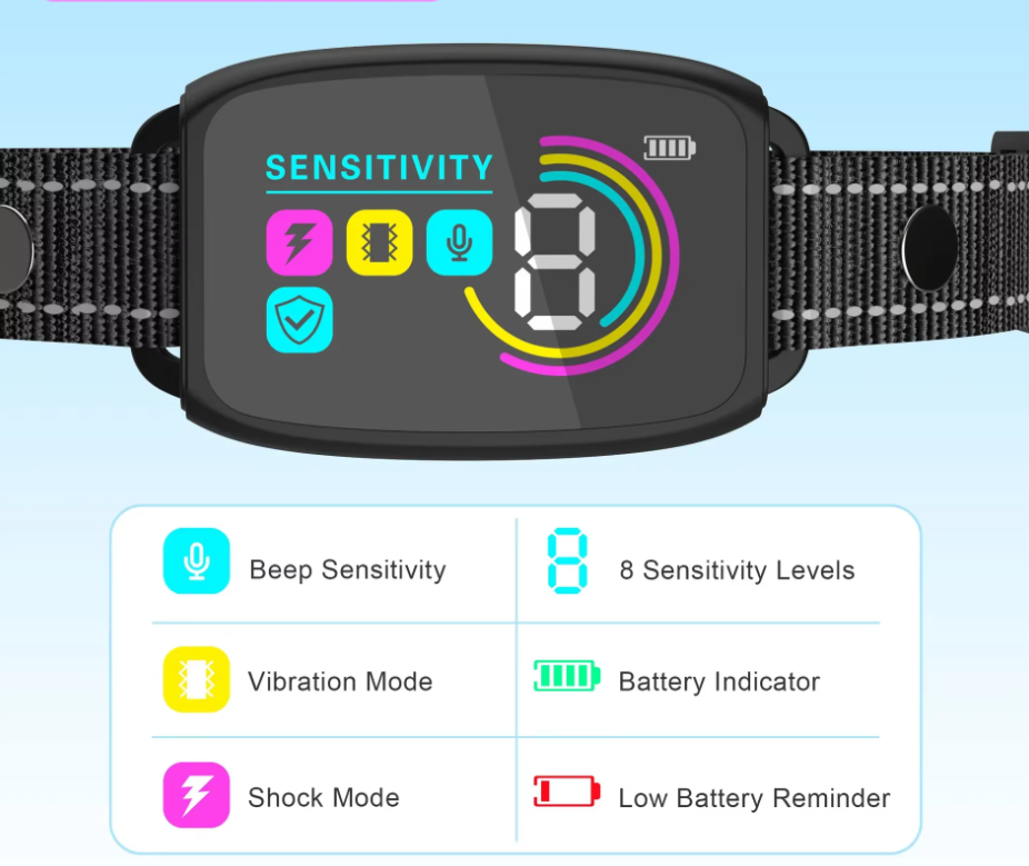 Dog Training Collar With Remote Control - 8 Levels Sensitivity Vibration Shock Mode