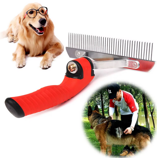 Fur Grooming Rake for Large Dogs with Red Handle and Sturdy Stainless Steel Prongs