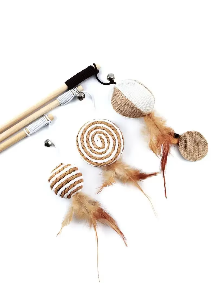 Interactive Cat Toy Set - Natural Toy With Feathers And Bells
