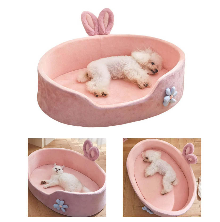 Dog Bed Bunny - Soft Cosy Pet Bed With Ears Flower Decoration