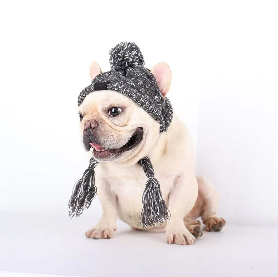 Knitting Hat For Pets With Pompom And Pigtails In Pink
