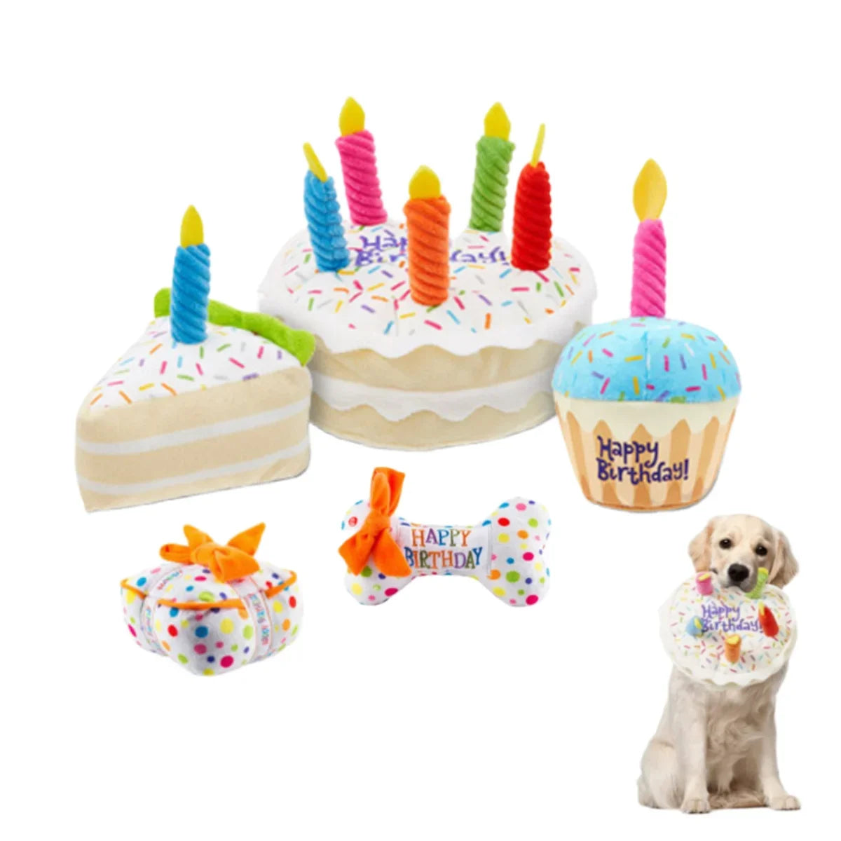Birthday Dog Toy Set - Plush Cake , Cupcake & Bone with Squeak Function