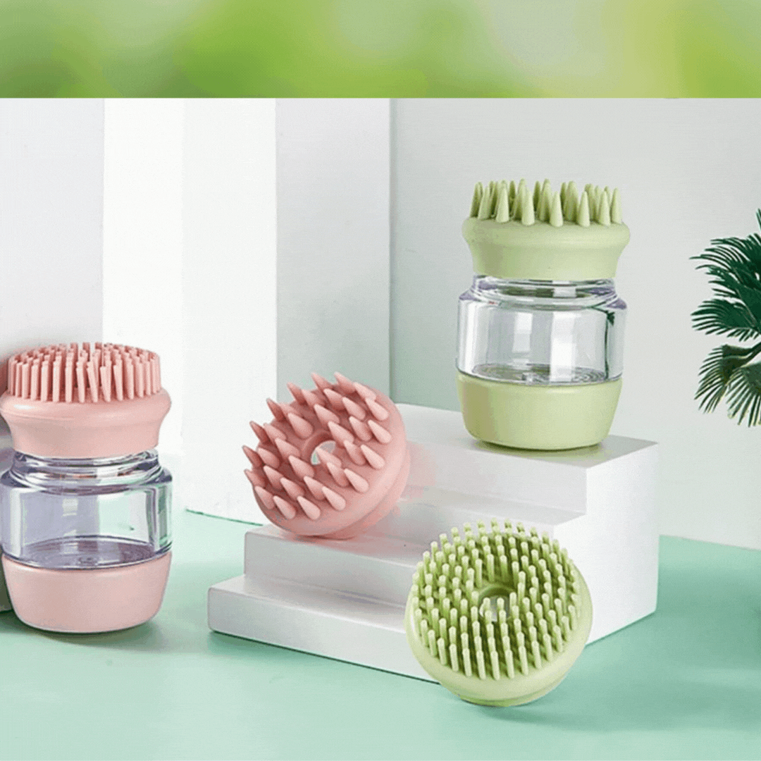 Silicone Pet Shower Brush with Shampoo Container for Gentle Grooming