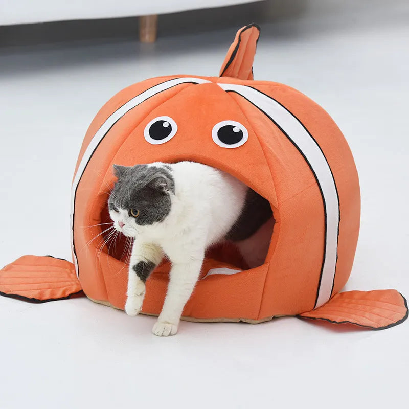 Cuddly Cave For Cats In Fish Design - Soft Cat Bed For Comfortable Rest
