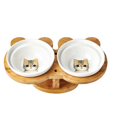 Raised Food Bowl For Cats - Double Ceramic Bowl With Bamboo Stand