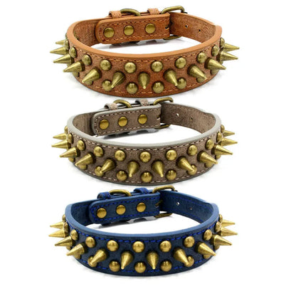Leather Dog Collar With Rivets And Spikes In 3 Colors