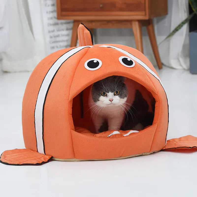 Cuddly Cave For Cats In Fish Design - Soft Cat Bed For Comfortable Rest