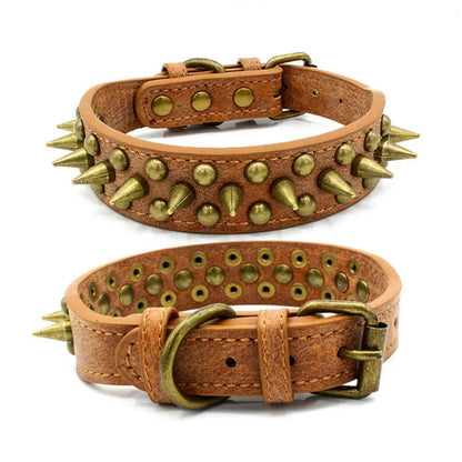 Leather Dog Collar With Rivets And Spikes In 3 Colors