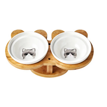 Raised Food Bowl For Cats - Double Ceramic Bowl With Bamboo Stand