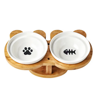 Raised Food Bowl For Cats - Double Ceramic Bowl With Bamboo Stand