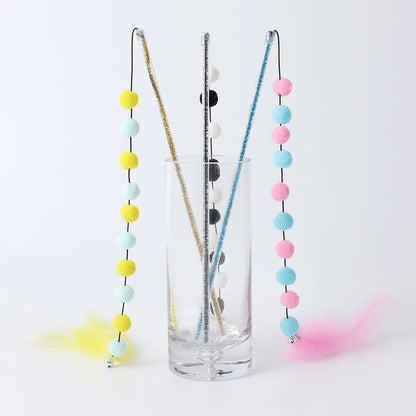 Interactive Cat Toy with Pompoms and Feathers - Play Rod for Cats
